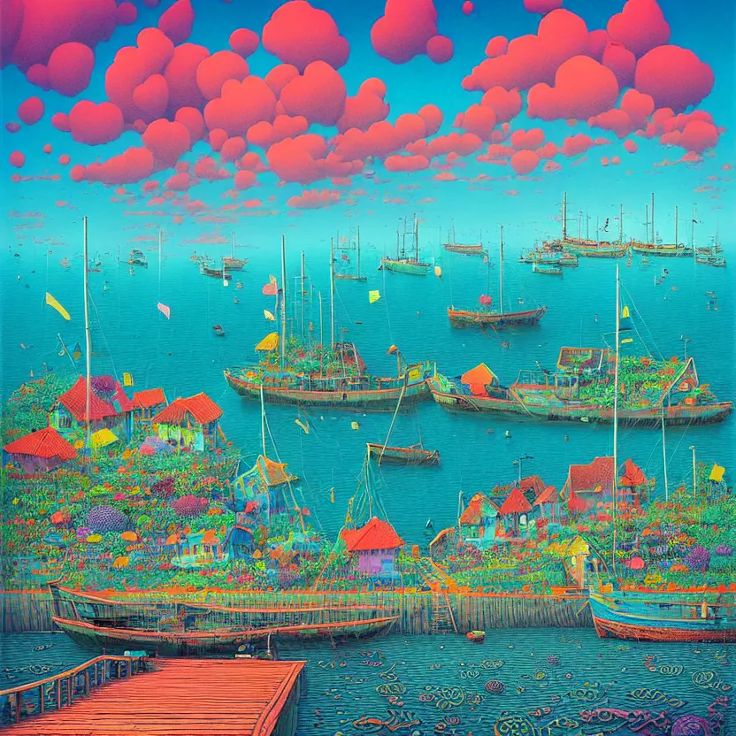 Prompt: surreal glimpse into other universe, a sea port in pulau indah, summer morning, very coherent and colorful high contrast, art by!!!! gediminas pranckevicius!!!!, geof darrow, floralpunk screen printing woodblock, dark shadows, hard lighting, stipple brush technique,