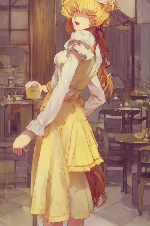 Image similar to A girl in a maid's outfit in a cafe a afternoon, wavy hair yellow theme,S line,45 angel by krenz cushart and mucha and arknights and greg rutkowski