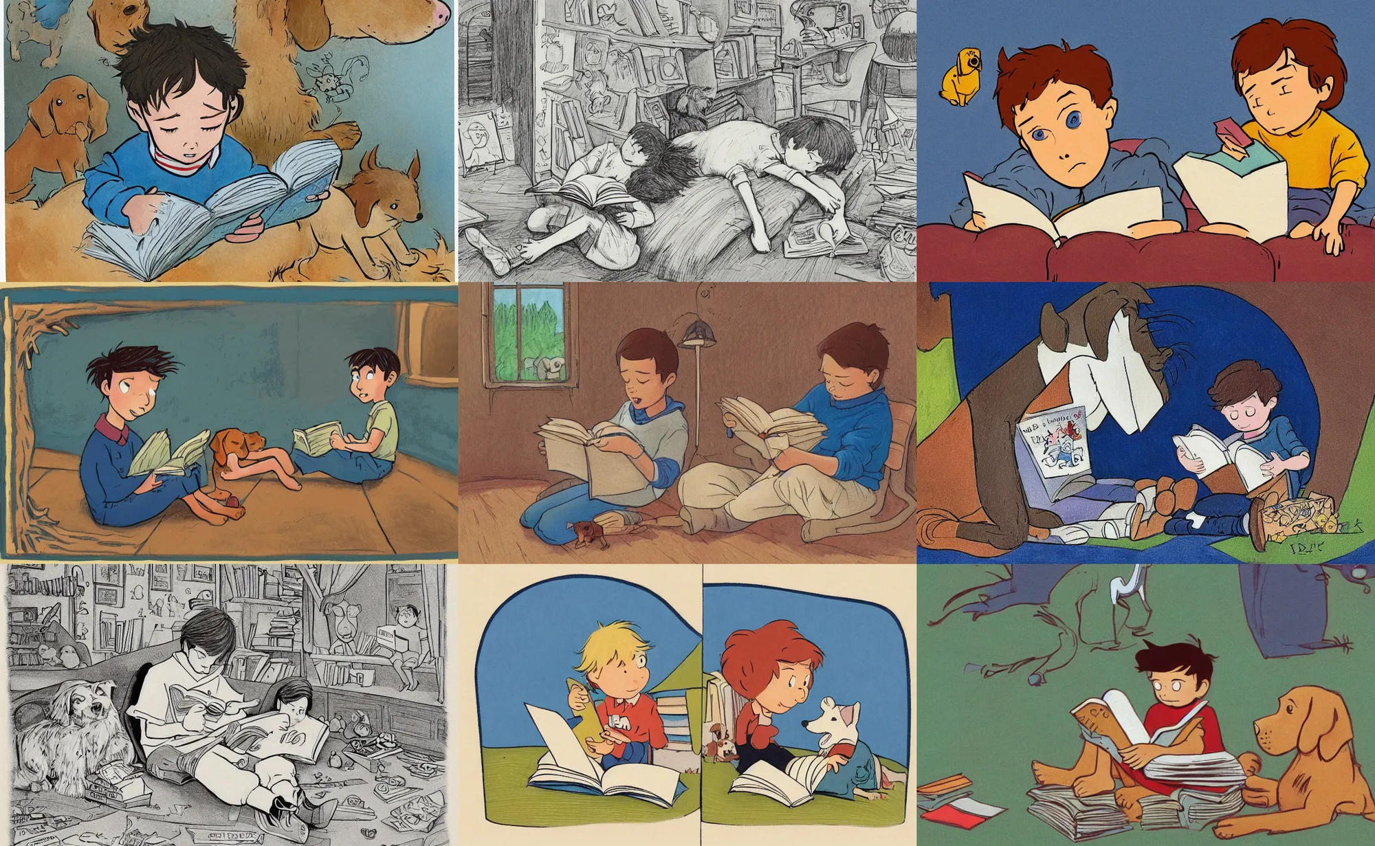 Prompt: children illustration : boy with dog reading a book. clement hurd, e. h. beatrice blue, julia sarda, loish, pauline baynes, pixar, goro fujita, neil gaiman, tim burton. disney. toned. classic. retro. guache. crayons. traditional. 1 9 7 0 s. highly detailed 8 k. intricate.