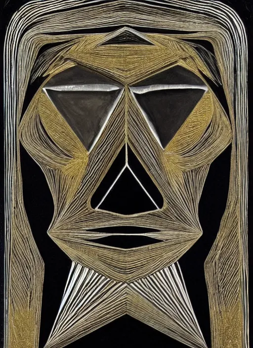 Image similar to black gold silver, crow portrait!!!!!, symmetrical, award - winning painting, abstract, gold and silver shapes, rectangles, geometry, elegant, luxurious, beautiful, pitch black background, dali