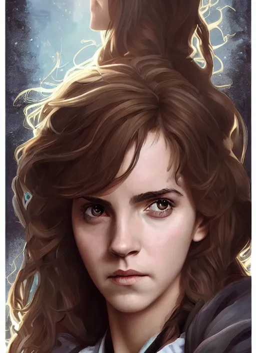 Prompt: hermione! granger! at hogwarts!! by emma watson. beautiful detailed face. by artgerm and greg rutkowski and alphonse mucha