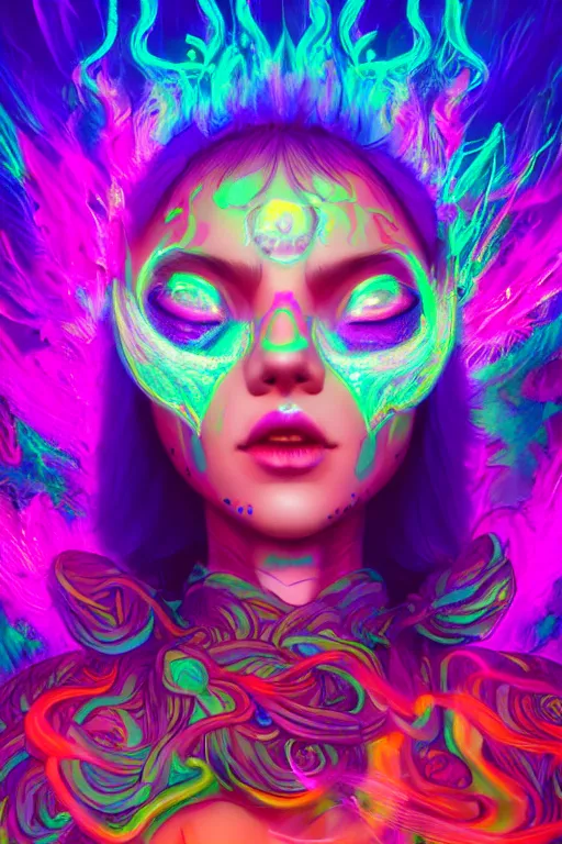 Image similar to a beautiful shaman girl engulfed in colorful liquid smoke and neon clouds, a colorful psychedelic experience, dmt, lsd, face, highly detailed, artstation, concept art, matte, sharp focus, illustration, digital art by hana yata, and artem demura and beeple, octane render, unreal engine, 8 k, pixel sorting