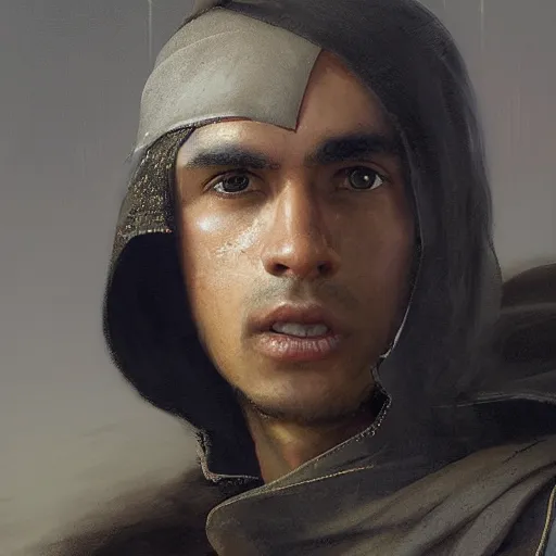 Image similar to Medium closeup young idealistic and pious homely male Imperial soldier wearing a black tabard with light yellow accents over a gambeson and a small!!! barbut helm, by Raymond Swanland Greg Rutkowski Lise Deharm, {perfect face}, {perfect eyes}, {uncertain look}, {on edge}