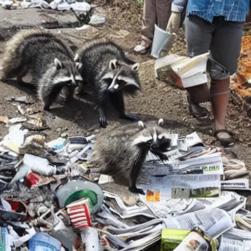 Image similar to a family of raccoon digging through a gigantic mound of trash and newspapers and junk