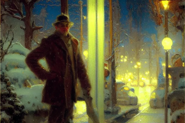 Image similar to winter, attractive male, neon light, painting by gaston bussiere, craig mullins, j. c. leyendecker