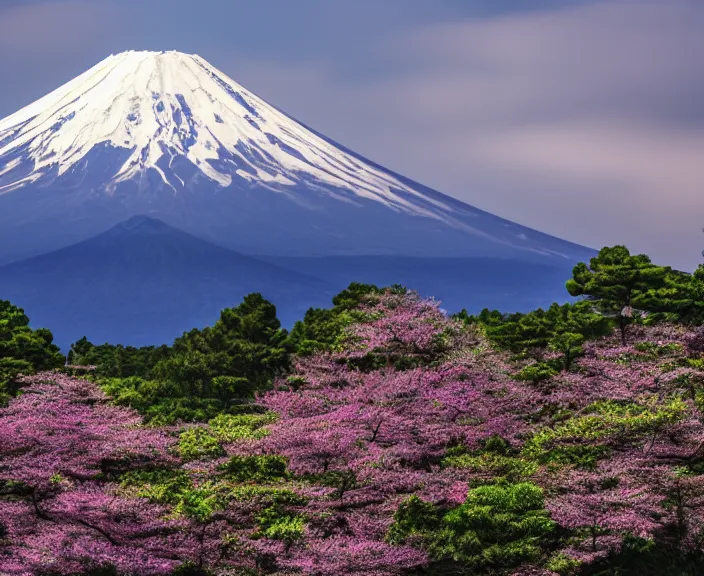 Prompt: 4 k hd, high detail photograph of mount fuji, spring, shot with sigma f / 4. 2, 2 5 0 mm sharp lens, wide shot, consistent, volumetric lighting, high level texture render