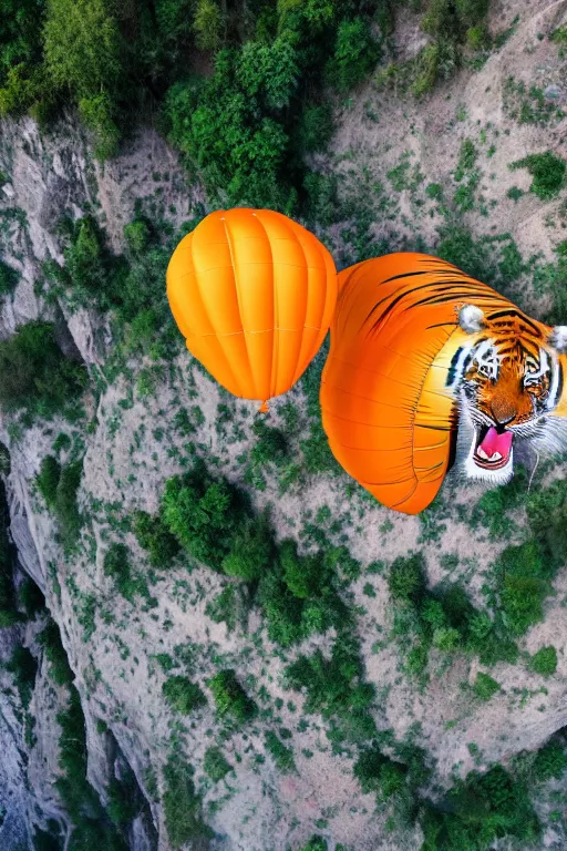 Prompt: realistic hairy tiger attached to a large open balloon parachute in the middle of the air jumping from a mountain cliff. photo captured by a drone. wide angles lens. epic