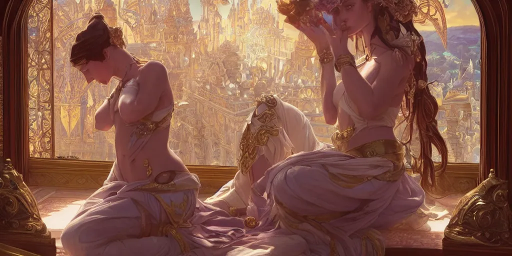 Prompt: beautiful genie girl, kneeling in the palace room, beautiful elegant body, intricate, stunning, highly detailed, digital painting, artstation, smooth, hard focus, illustration, art by artgerm and greg rutkowski and alphonse mucha, epic fantasy, mysterious ambient lighting, digital art, fantasy vibes, style of final fantasy and kingdom hearts