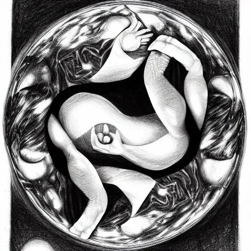 Image similar to a drawing of a pregnant cyborg giving birth to emerging yin - yang daoist symbol emerging from womb, black and white detailed pencil drawing dao