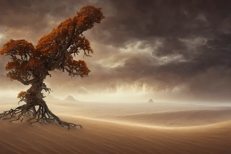 Prompt: cinematic fantasy landscape painting by jessica rossier, primordial and cosmic, desert valley of bones, an autumn maple bonsai growing alone, on a desolate sand dune surrounded by storm tossed waves hr giger