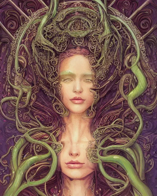 Prompt: centered beautiful detailed front view portrait of a woman with ornate tentacles growing around, ornamentation, flowers, elegant, beautifully soft lit, full frame, by wayne barlowe, peter mohrbacher, kelly mckernan, h r giger