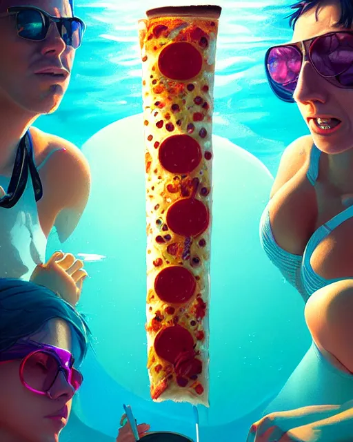 Image similar to highly detailed surreal vfx portrait of a pizza pool party, stephen bliss, unreal engine, greg rutkowski, loish, rhads, beeple, makoto shinkai and lois van baarle, ilya kuvshinov, rossdraws, tom bagshaw, global illumination, detailed and intricate environment