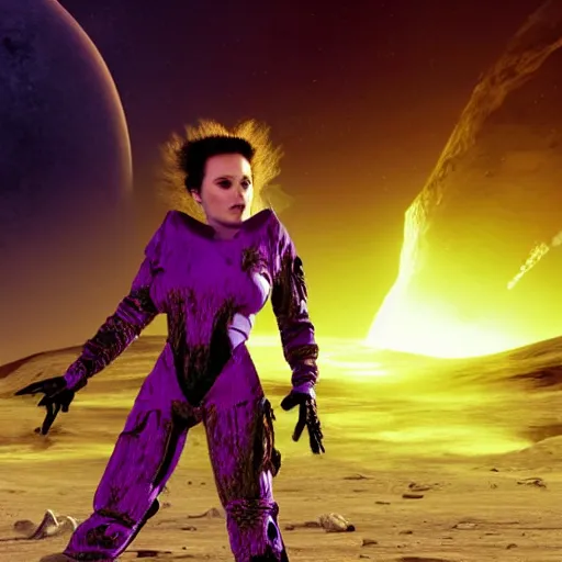 Image similar to portrait of mysterious humanoid, with hair like wisps of smoke, wearing gothy purple and black spandex suit, standing next to smashed spacecraft wreckage, on the orange surface of mars, highly detailed, dramatic lighting, photorealistic, movie still from Dune