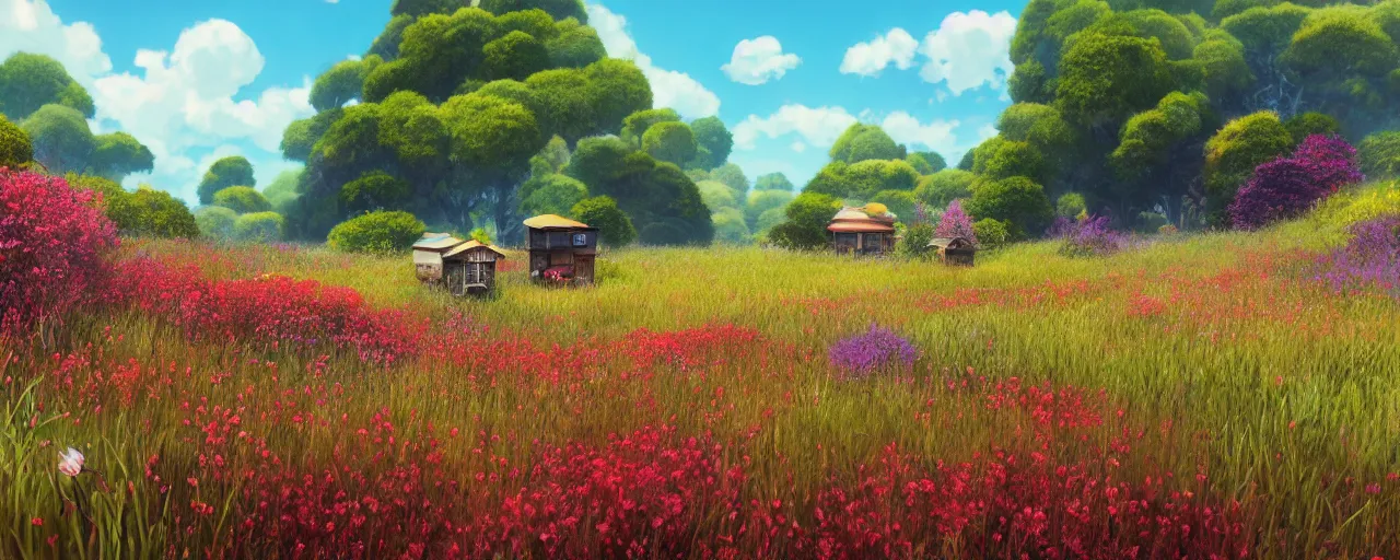 Image similar to a beautiful meadow landscape with large detailed bees flying between flowers, crimson - black beehive, happy trees, photorealistic, octane render, rtx, hdr, unreal engine, digital art widescreen 8 k in the style of studio ghibli and bob ross