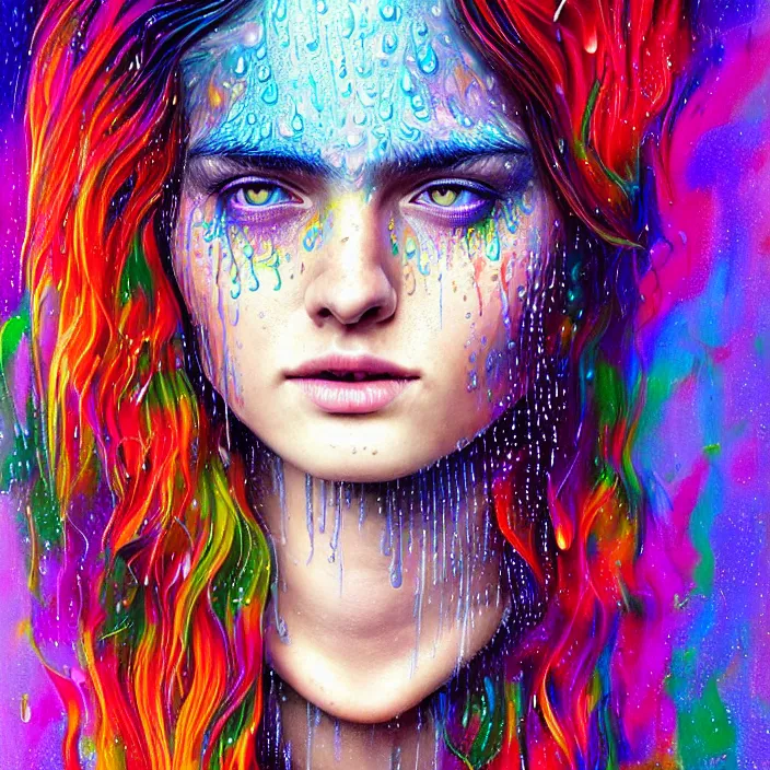 Image similar to bright psychedelic portrait with rain on face and wet hair, wings, smiling, diffuse lighting, fantasy, intricate, elegant, highly detailed, lifelike, photorealistic, digital painting, artstation, illustration, concept art, smooth, sharp focus, art by John Collier and Albert Aublet and Krenz Cushart and Artem Demura and Alphonse Mucha