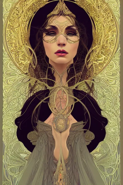 Prompt: high priestess, intricate, elegant, highly detailed, concept art, sharp focus, beautiful face!!, digital art, smooth defined outlines!!, human anatomy, human structure, vector background, art nouveau vector background, by Brom, trending on Artstation, Alphonse Mucha, Tom Bagshaw, Sargent