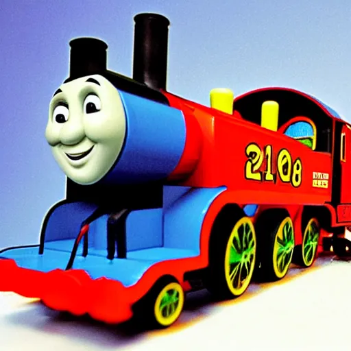 Image similar to a malevolent thomas the tank engine speeding towards a person tied to the tracks