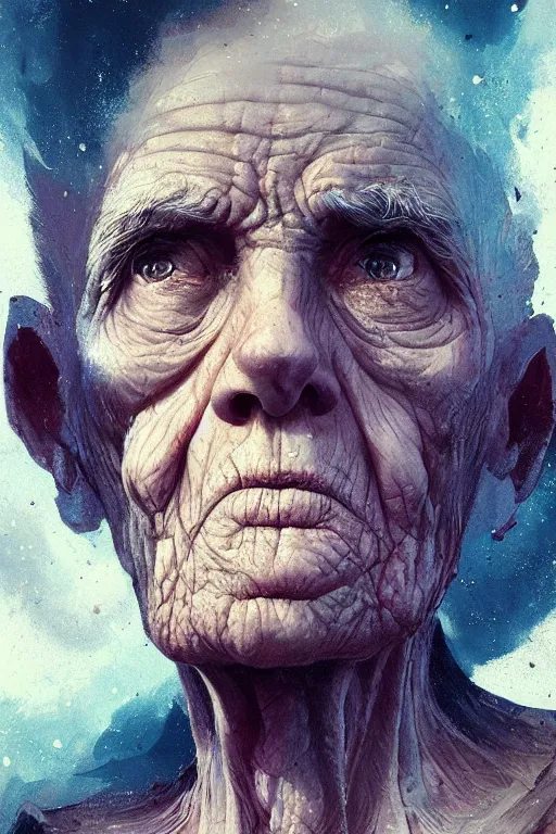 Prompt: the look of an elderly person full of wrinkles and imperfections by artgem and greg rutkowski, highly detailed, high contrast, trippy, nebula, trending on artstation