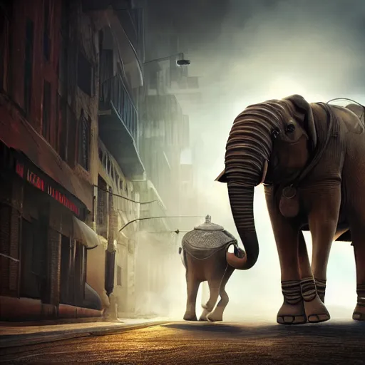 Prompt: apocalyptic, an robotic elephant walking on the future street. smoke. volumetric lighting, sharp focus, ultra detailed, cgsociety - w 1 0 2 4 - n 8 - i