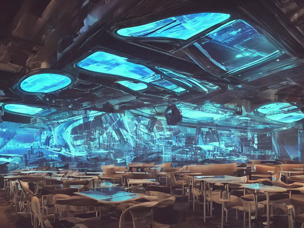 Prompt: visor with curved translucent visors projecting detailed sci - fi art, pixel perfect photograph, high contrast, volumetric lighting, thin glowing lights, restaurant, chairs, users, pair of keys