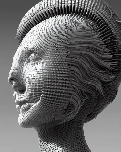 Image similar to mythical black and white organic bio-mechanical spinal ribbed profile face portrait detail of mechanical beautiful female angelic-vegetal-cyborg, highly detailed, intricate steampunk ornate, poetic, 3D render, digital art, octane render, 8K artistic photography, photo-realistic, by Dora Maar