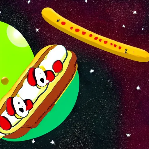 Prompt: a beautiful hotdog character in space wearing a tuxedo with colorful bright green eyes, medium shot, hd, 8k, hyper-realism, detailed,