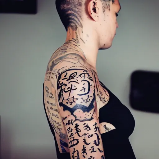 Prompt: A person covered in tattoos of calligraphy