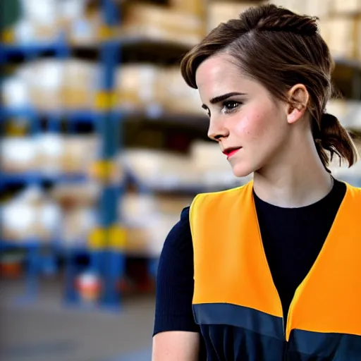 Prompt: photo, close up, emma watson in a hi vis vest, in warehouse, android cameraphone, 2 6 mm