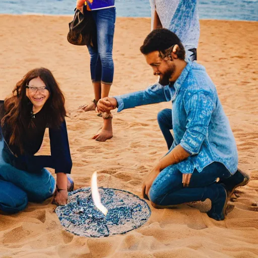 Prompt: photograph of people bonding around a firecircle, kismet, shot from behind