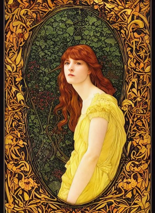 Image similar to masterpiece beautiful seductive flowing curves pose preraphaelite portrait photography, extreme closeup shot, straight bangs, thick set features, yellow ochre ornate medieval dress, amongst foliage mushroom forest arch, circle, william morris and kilian eng and mucha, framed, 4 k