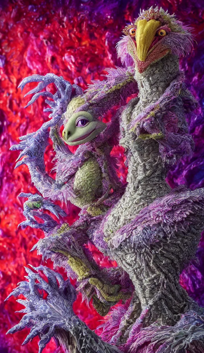 Image similar to hyper detailed 3d render like a Oil painting - kawaii portrait of solitary Aurora (a beautiful skeksis muppet fae queen from dark crystal that looks like Anya Taylor-Joy) seen red carpet photoshoot in UVIVF posing in scaly dress to Eat of the Strangling network of yellowcake aerochrome and milky Fruit and His delicate Hands hold of gossamer polyp blossoms bring iridescent fungal flowers whose spores black the foolish stars by Jacek Yerka, Ilya Kuvshinov, Mariusz Lewandowski, Houdini algorithmic generative render, Abstract brush strokes, Masterpiece, Edward Hopper and James Gilleard, Zdzislaw Beksinski, Mark Ryden, Wolfgang Lettl, hints of Yayoi Kasuma and Dr. Seuss, octane render, 8k