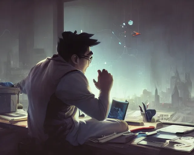 Image similar to an insanely detailed painting of a nerdy asian man wearing a superhero costume, sitting at a desk, staring at the nervously at the computer and typing, in the style of peter mohrbacher, dramatic lighting and composition, octane render, pixar, trending on artstation, concept art, comic book, view from behind