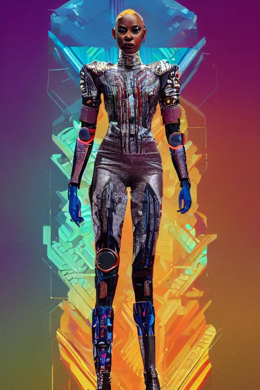 Image similar to full body portrait of the African Android Queen, by DC comics and Sandra Chevrier and beeple, artstation, volumetric lighting, hyperrealism, futuristic royalty, strong and muscular, award winning costume design, cybernetic cyborg, fashion show runway, futuristic fine textures, woven with electricity, high fashion superpowers, wakanda, 4k UHD, 35mm