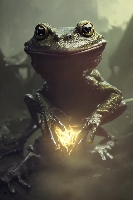 Prompt: A portrait of a monstrous frog by Greg Rutkowski, Sung Choi, Mitchell Mohrhauser, Maciej Kuciara, Johnson Ting, Maxim Verehin, Peter Konig, Bloodborne, 8k photorealistic, cinematic lighting, HD, high details, dramatic, dark atmosphere, trending on artstation