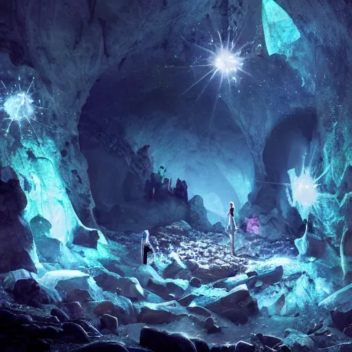 Image similar to a cave full of diamonds and luminous crystals, fantasy photo, harry potter style, trending on artstation, hdr, mysterious
