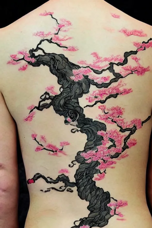 Image similar to back tattoo of cherry blossom tree floating over a tidal wave, in japanese traditional art style