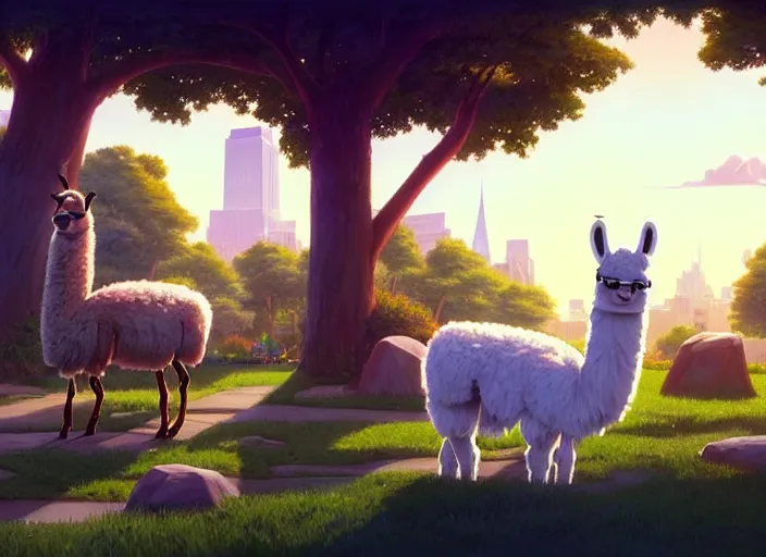 Image similar to a wholesome animation key shot of a llama, new york zoo in the background, studio ghibli, pixar and disney animation, sharp, rendered in unreal engine 5, anime key art by greg rutkowski, bloom, dramatic lighting