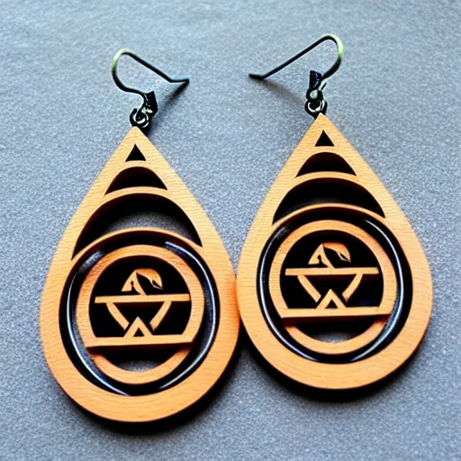 Image similar to 2 d wood lasercut earrings, mystical symbols, 8 k, hd, trending on amazon on artstation, trending on deviantart, trending on etsy, epic digital art