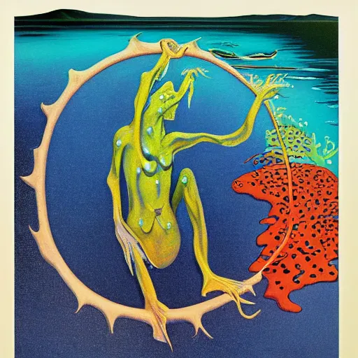 Image similar to aquatic summer bipedal shallows circle pollock kiwi beer specter, by jean giraud and didier barra and georgia o'keeffe, detailed painting, an art deco, black velvet painting