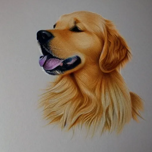 Prompt: finished 4 years old drawing of a golden retriever, crayons. high details, photorealistic, artstation trending