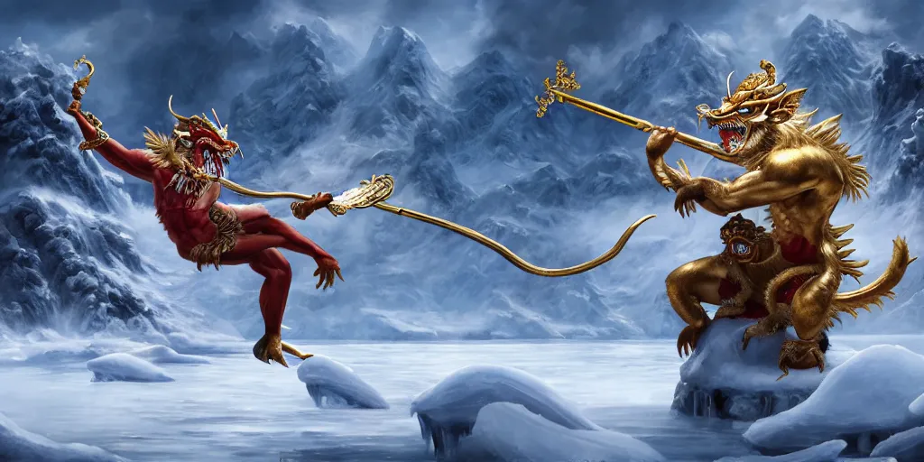 Image similar to a beautiful oil painting of a chinese dragon with white scales about the ice lake, sun wukong holding a long golden stick stand on the ice lake, surrounded by snow mountains and heavy snow, cinematic shots, aftereffects, epic, game cg style, trending on artstation, wide view, cinematic light, 8 k