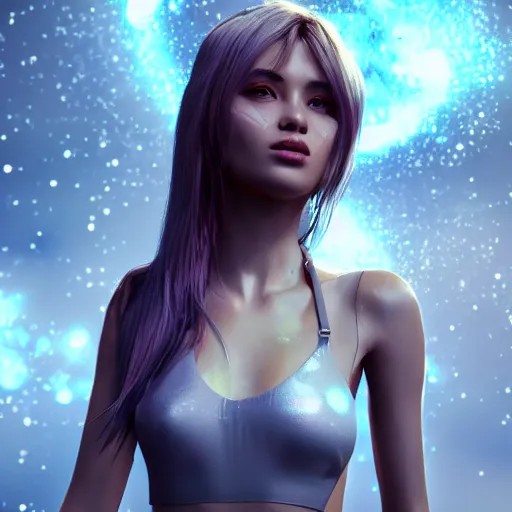 Image similar to beautiful girl galaxy background character concept style trending on artstation concept art detailed octane render cinematic photo-realistic 8k high detailed