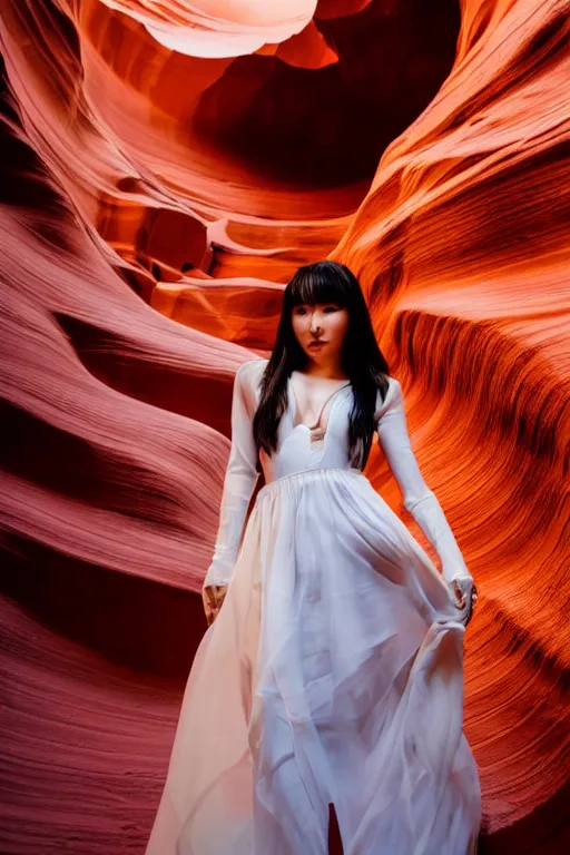 Image similar to close-up portrait of Lee Ji-Eun, captivating, rule of thirds, majestic, set on a flowy Antelope Canyon created by James Jean, mutiversal tsunami, award winning photo, seductive, captivating, close-up, hot, unreal engine, masterpiece, perfect symmetry, rgb, colorful clouds