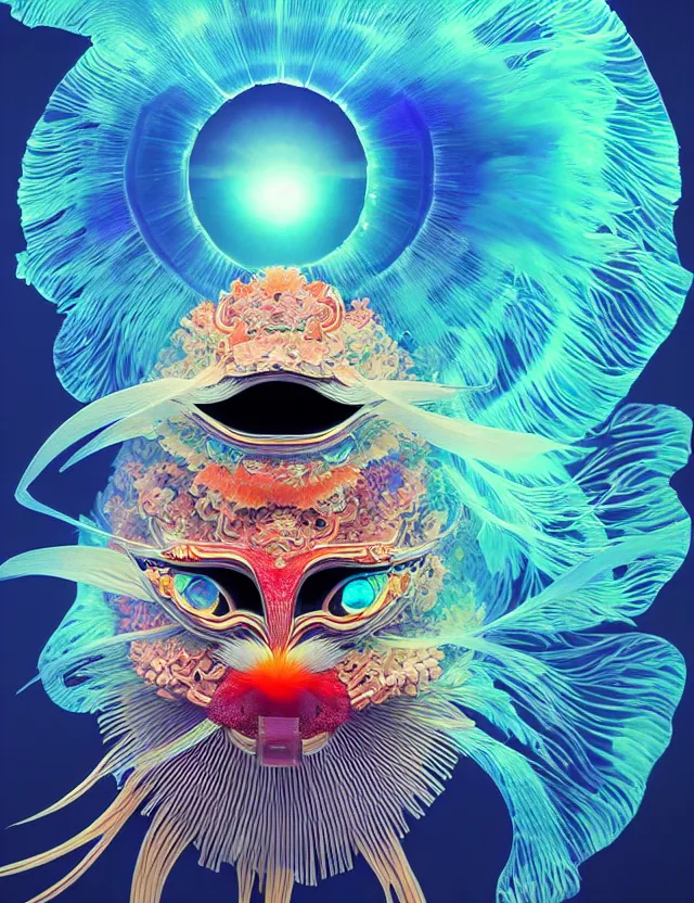 Image similar to 3 d eye of god. beautiful intricately detailed japanese crow kitsune mask and clasical japanese kimono. betta fish, jellyfish phoenix, bio luminescent, plasma, ice, water, wind, creature, artwork by tooth wu and wlop and beeple and greg rutkowski