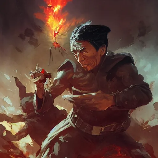 Image similar to cinematic portrait of Jackie Chan fighting the deep state by greg rutkowski and frank frazetta and peter mohrbacher and marc silvestri