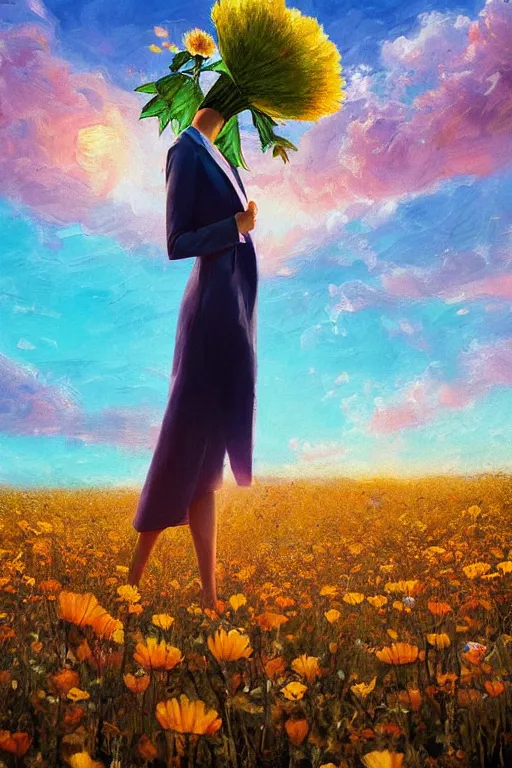 Image similar to closeup, giant flower head, girl in suit standing in a field of flowers, surreal photography, sunrise, blue sky, dramatic light, impressionist painting, digital painting, artstation, simon stalenhag