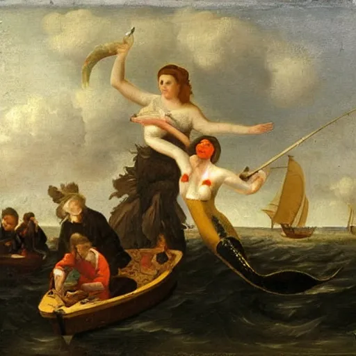 Prompt: a fisherman harpoons a mermaid, dutch golden age oil painting masterpiece