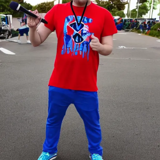 Image similar to a full body shot of an average white, short young - adult man with blue dyed hair holding a microphone, wearing a red backwards cap, white t - shirt with a red no symbol on it, blue long pants and red shoes