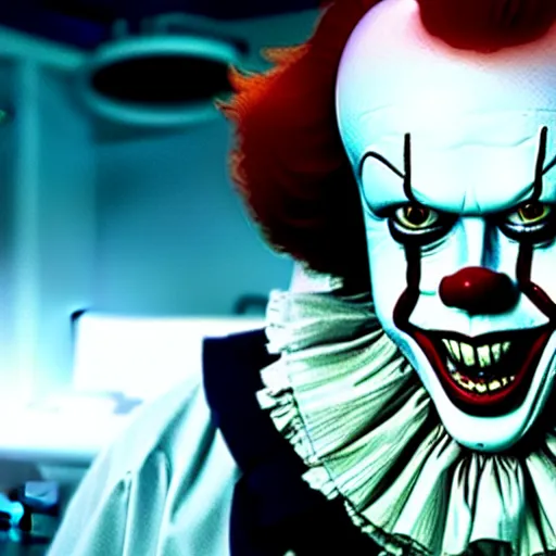 Image similar to a photograph of pennywise dressed as a doctor in a hospital, with a lab coat, with a stethoscope, hyperdetailed, intricate, dramatic, horror movie, movie still, 4 k realistic, volumetric lighting, sharp focus