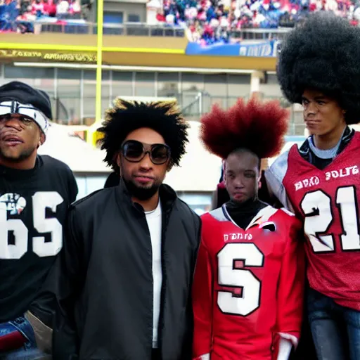 Prompt: Live Action Still of the cast of The Boondocks attending a college homecoming game, real life, hyperrealistic, ultra realistic, realistic, highly detailed, epic, HD quality, 8k resolution, body and headshot, film still